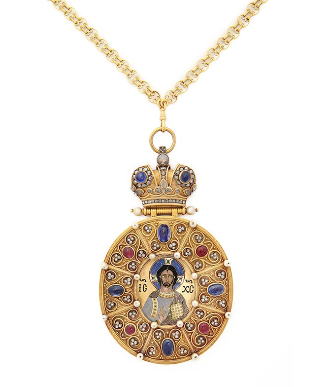 Fabergé Panagia Workmaster Henrik Wigstrom, c. 1910 Gold, diamonds, sapphires, pearls, enamel H 152 mm x W 86 mm; medallion: 44 x 38 mm; chain: 457 mm Wearing a Panagia, or icon pendant, distinguishes an Orthodoz bishop from other clergy. In a setting of gold, diamond, sapphires and pearls, this fine cloisonné enamel medallion of Christ Pantocrator is based on an 11th-century Byzantine image now in New York’s Metropolitan Museum of Art. 