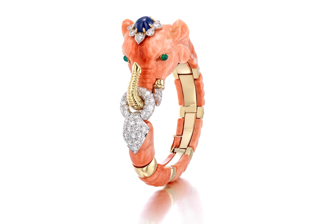 David Webb coral, diamond, sapphire, and emerald Elephant bracelet featured in Bonhams April 17 Fine jewelry auction. Photo courtesy