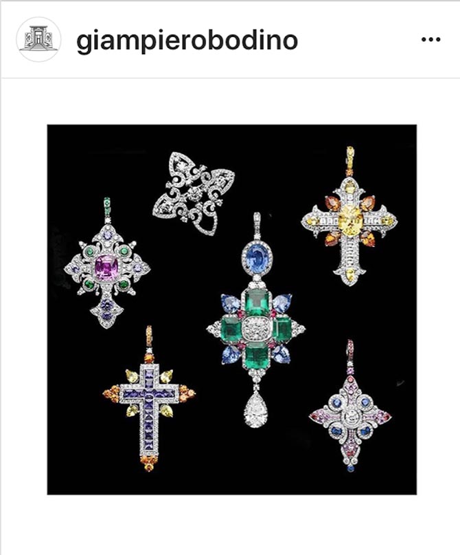 Italian designer Giampiero Bodino staged an Instagram image with all the cross pendants in the necklace worn by Uma Thurman.