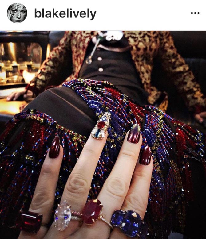 Blake Lively Instagram of Lorraine Schwartz and Ofira rings with Christian Louboutin in the background.