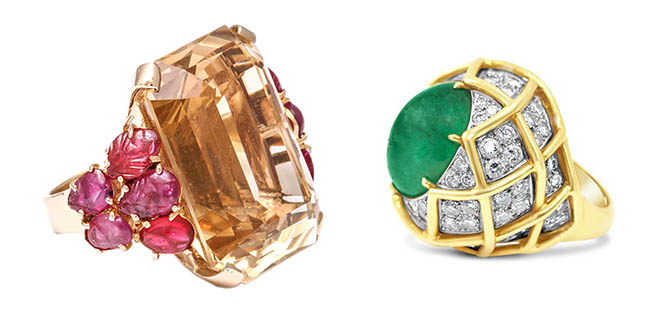 Retro Gold Citrine Carved Ruby Ring from Bekker Jewelry and Diamonds and Emerald Cabochon, Diamond and Gold Ring