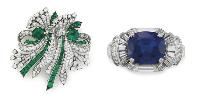 An emerald, diamond and platinum double Raymond Yard double-clip brooch purchased by David Rockefeller in 1949. A 5-carat sapphire, diamond and platinum Raymond Yard ring commissioned by David Rockefeller in 1952. Photo Christie’s
