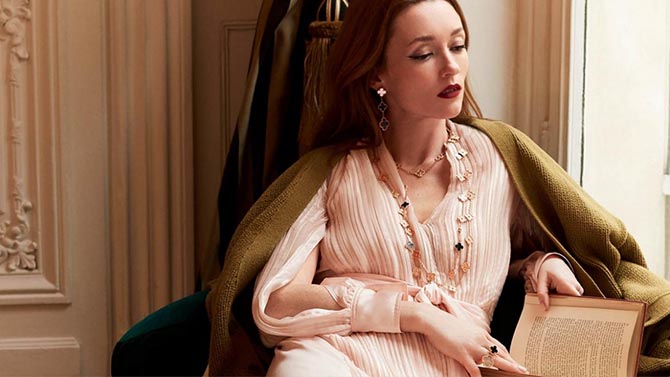 Model Audrey Marney wearing black and white mother of pearl and gold Alhambra jewels in an image taken by Damian Fox for the 50th Anniversary of the design. Photo © Van Cleef & Arpels SA - 2018