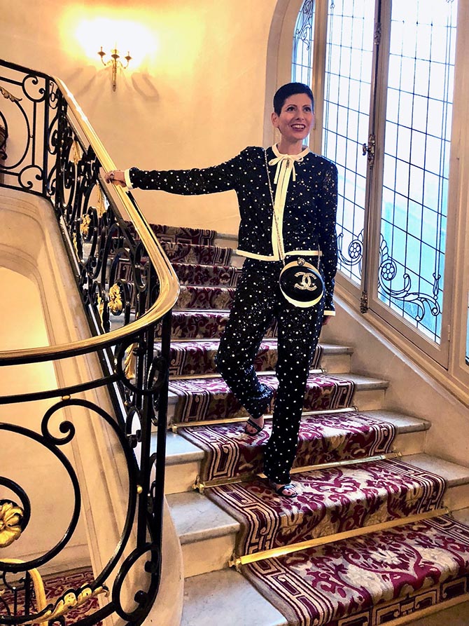 Lauren Kulchinsky Levison in Paris at the Hotel George V wearing Giambattista Valli sequin suit. Photo courtesy