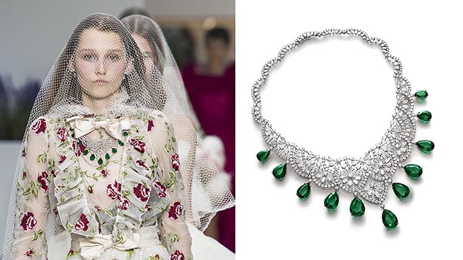 Model Ellen Swalens wearing Giambattista Valli with a Chopard jewelry including 18-carat pear shape diamond earrings a long 54-carat rose-cut diamond necklace and a bib necklace with 73-carats of pear, brilliant and marquise-cut diamonds and 11 pear-shaped emeralds weighing a total of 96-carats.