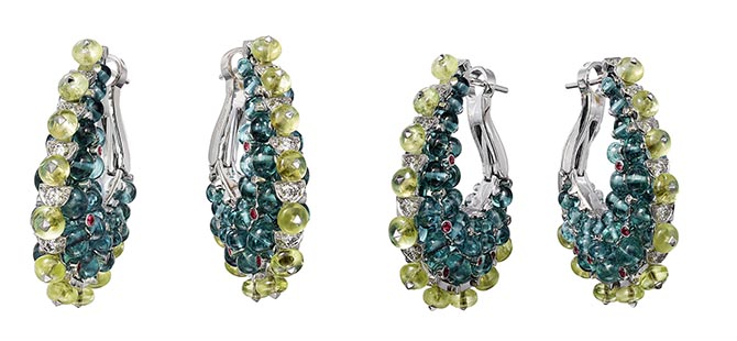 Two views of a Cartier earrings from the Coloratura collection inspired by the Indian Holi ceremony and set with 26.03-carats of blue tourmaline beads, 8.14-carats of chrysoberyl beads, cabochon spinels and diamonds. Photo courtesy