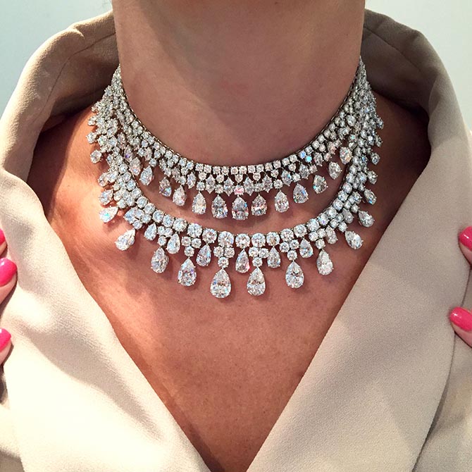 Katherine Domyan’s two Harry Winston diamond necklaces modeled as she sometimes wore them, layered together. Photo 