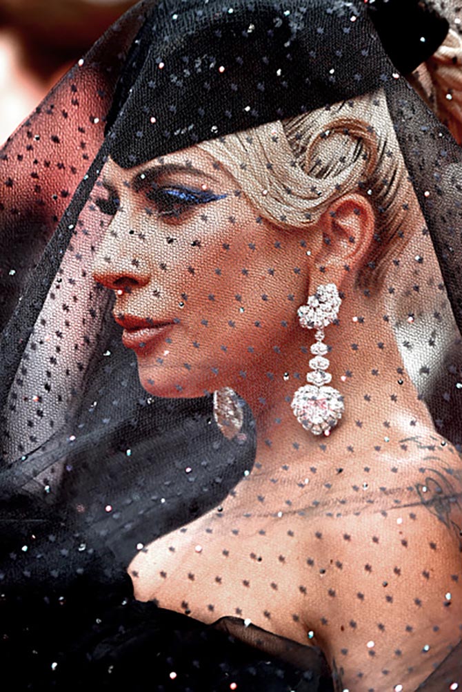 Lady Gaga in Chopard's Garden of Kalahari diamond earrings at the premiere of 'A Star is Born' at the 2018 Toronto International Film Festival. Photo Getty
