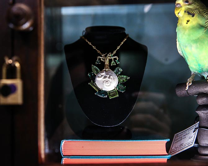 Detail image of a necklace from Daniela Villegas’s Curiosity collection in the display at Deyrolle. Photo BFA