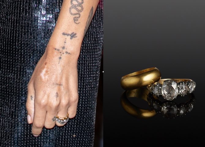  Detail of Zoë Kravitz’s hand and still life of her ring (with a gold band) from The One I Love. Photo Getty and The One I Love
