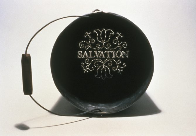 Jonathan Wahl’s tin American Heritage bucket, Revolution/Salvation made in 1994 from the Collection of the Samuel Dorsky Museum, SUNY, New Paltz. Photo courtesy