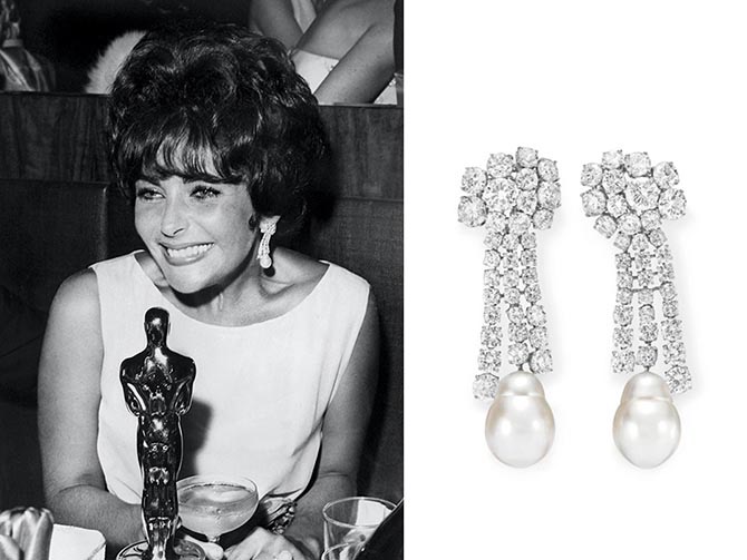 Elizabeth Taylor with her 1961 Oscar and the Ruser earrings she is wearing. Photo Getty and Christie's