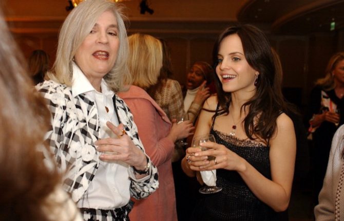 Penny Proddow talking with Mena Suvari at an InStyle magazine event in Los Angeles around 2007. Photo Getty