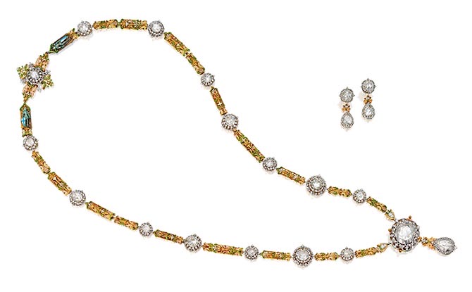 An exceptionally rare enamel and diamond demi-parure designed by Paulding Farnham for Tiffany & Co. Photo Sotheby's