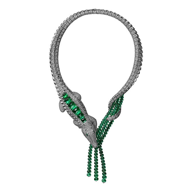 The María Félix new emerald and diamond crocodile necklace made by Cartier. Photo courtesy