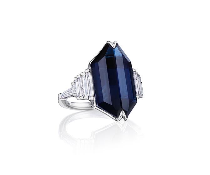 The Doryn Wallach 9.89-carat sapphire, diamond and platinum ring worn by Emma Thompson in 'Late Night.' Photo courtesy
