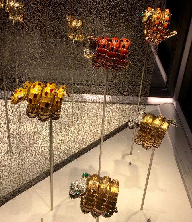 Serpenti watch bracelets made in the late 1960s on display in BVLGARI, The Story, The Dream