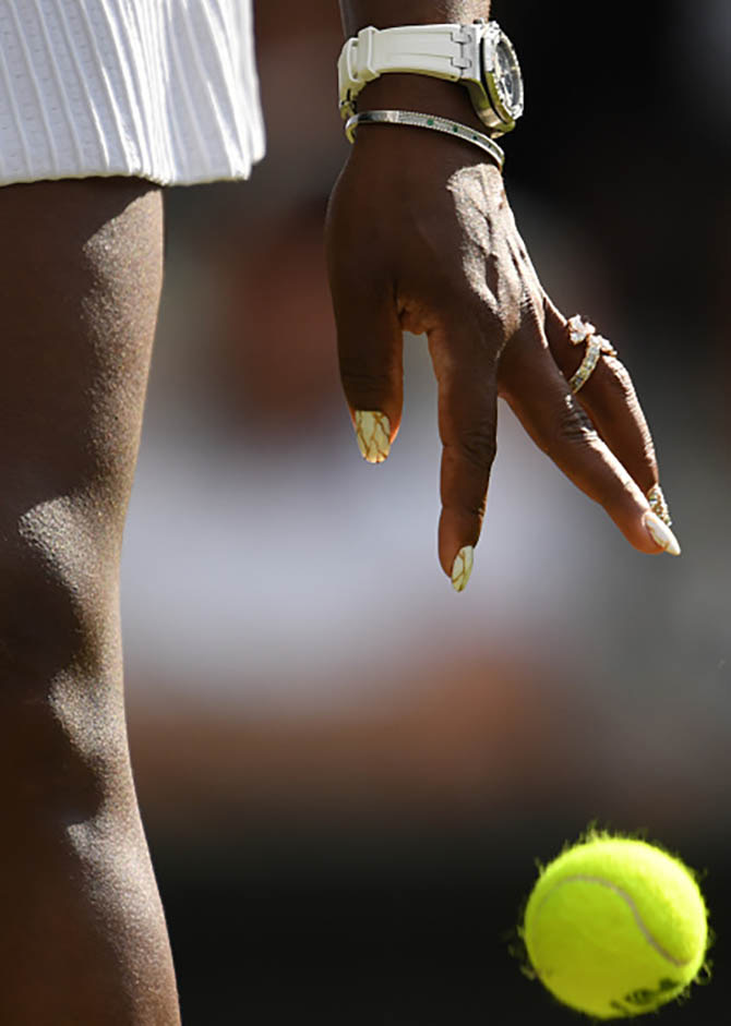 Detail of Serena Williams’s left had showing her Audemars Piguet Royal Oak, a bracelet and her wedding band. Photo Getty