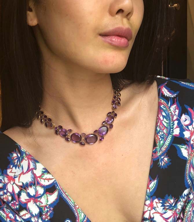 Christine Cheng wearing a Georgian amethyst necklace from Simon Teakle. Photo via Instagram @christinechengny