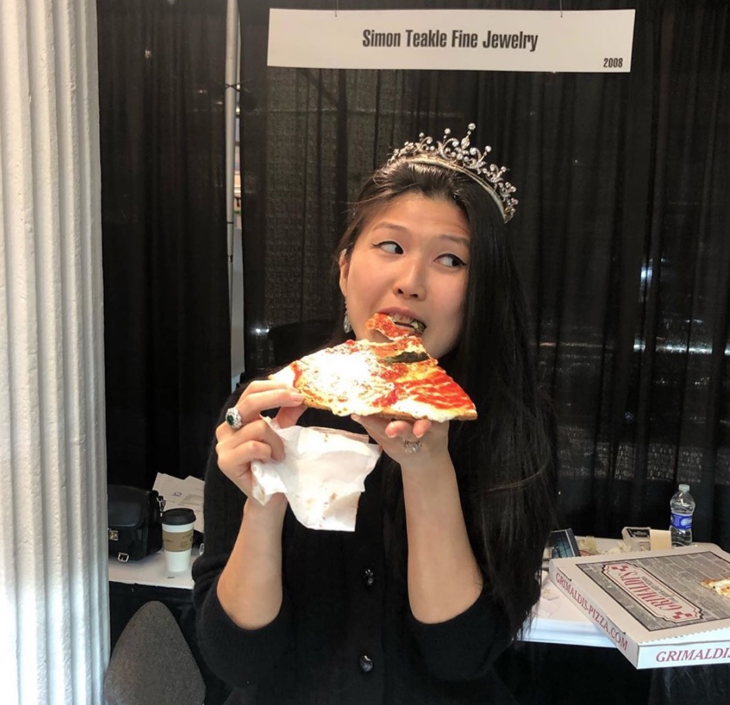 Christine Cheng wearing a tiara from Humphrey Butler Ltd. at the Antiques Show in New York. Photo via Instagram @christinechengny