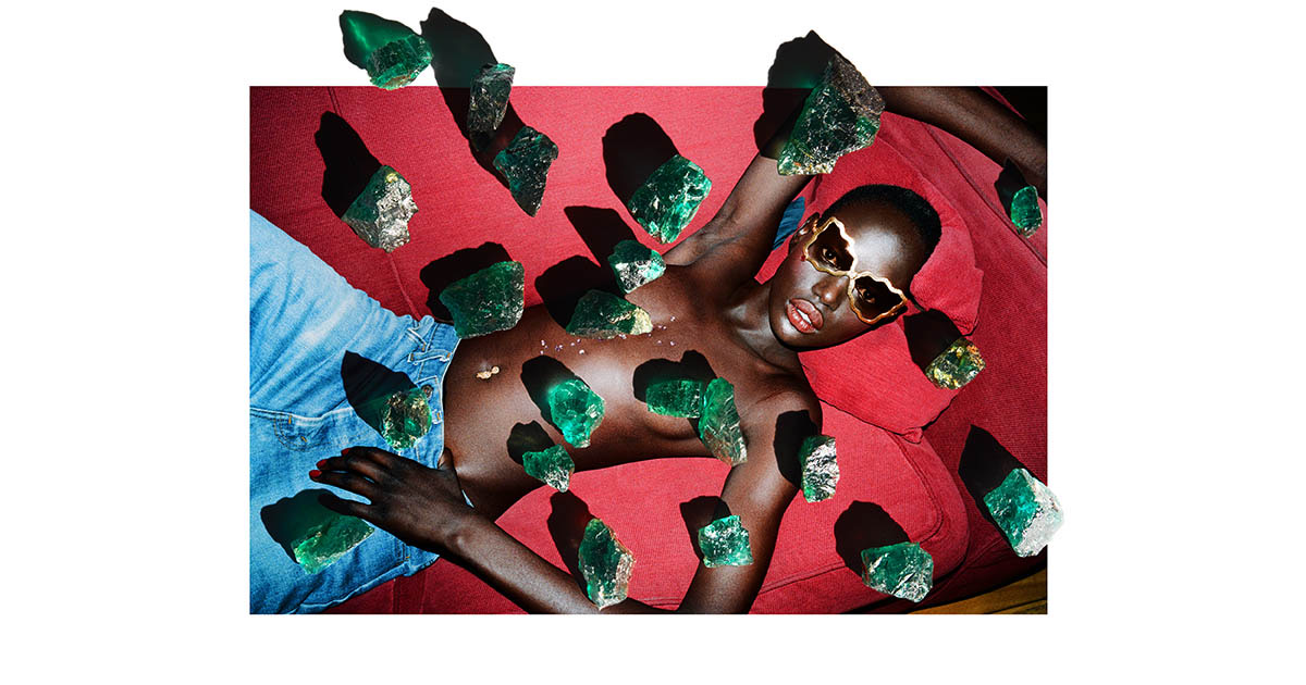 Image of Sudanese-Australian supermodel Ajak Deng covered in emeralds by John-Paul Pietrus being sold in limited edition for Australian charities. Photo courtesy