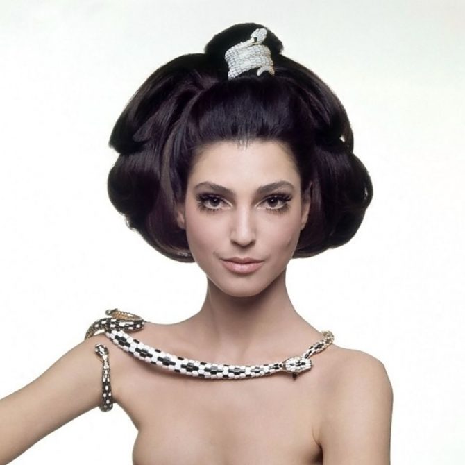 Benedetta Barzini posed wearing Bulgari enamel bracelets and belts for a photo by famed Italian lensman Gian Paolo Barbieri in 1968.