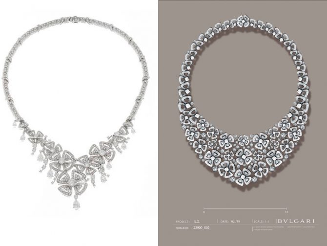 The two diamond necklaces seen in the photo and rendering worn by Gwyneth were from Bulgari’s High Jewelry Fiorever collection. Photo courtesy