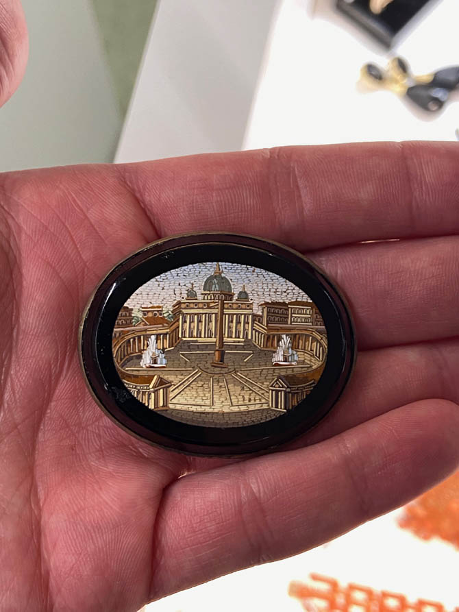 An Italian onyx and micromosaic brooch, depicting St. Peter’s Square in Rome from F&F Jewellery 