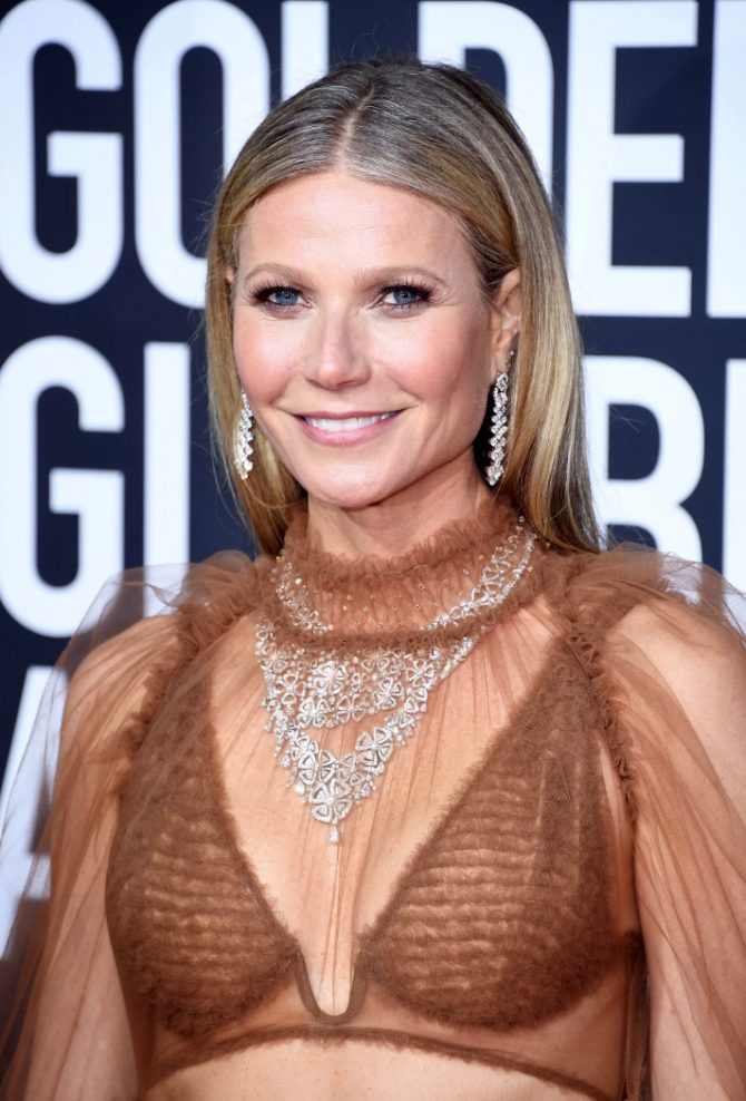 Gwyneth Paltrow wearing two Bulgari necklaces at the Oscars. Photo Getty