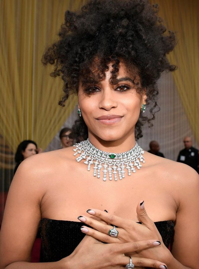 Zazie Beetz wearing two necklaces among other jewels from Bulgari at the 2020 Oscars. Photo courtesy
