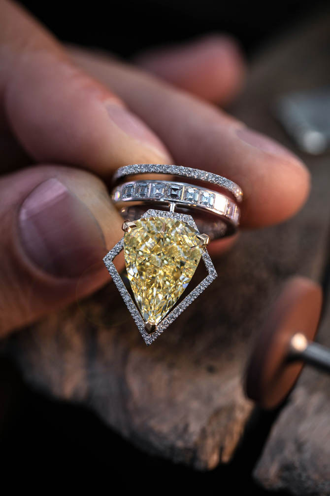 A diamond ring from Messika’s Voltage collection set with a 10.19-carat fancy yellow pear shape diamond. 
